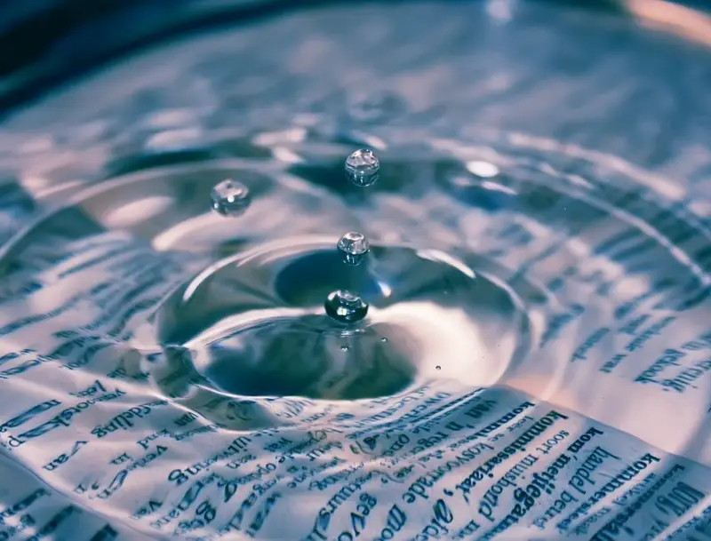 Drip in water above printed text